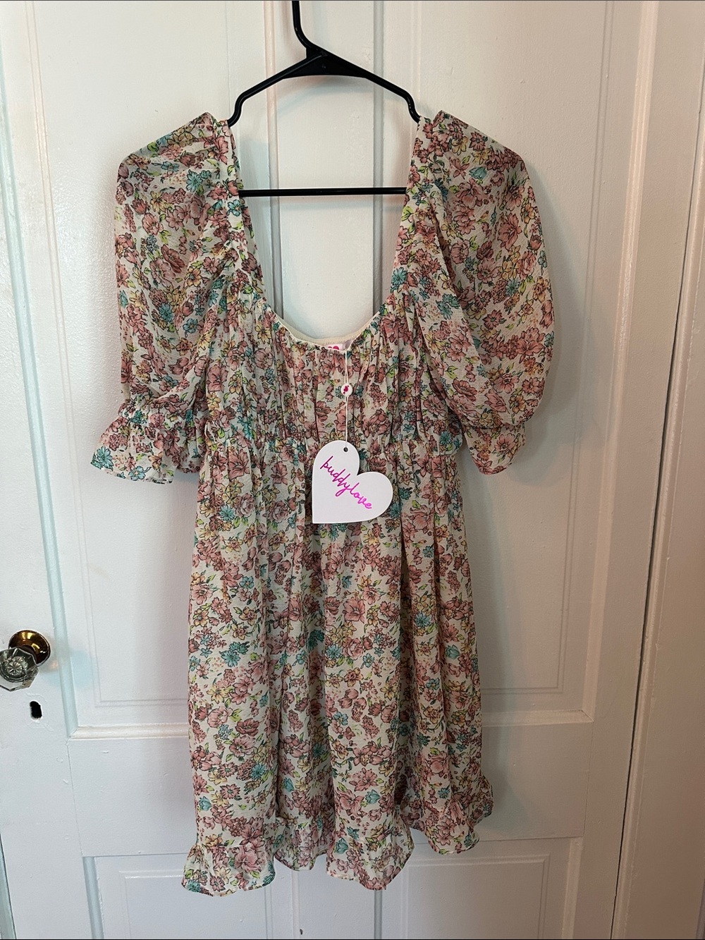 Buddy Love Cream Floral Midi Dress with Pink and Green Accents